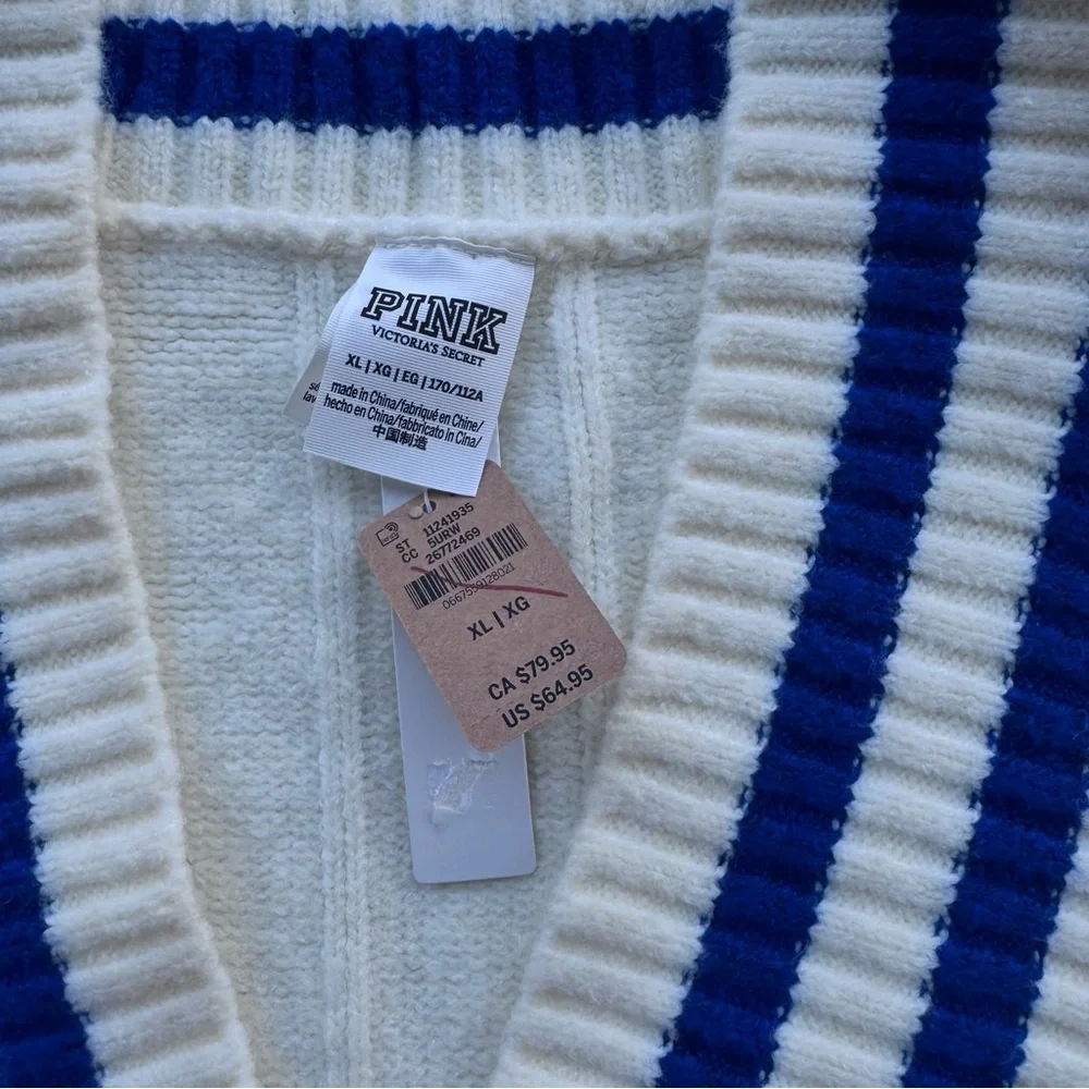 PINK VS Varsity Cardigan XL Cream Blue Stripe Preppy Cozy NWT - Picture 6 of 9